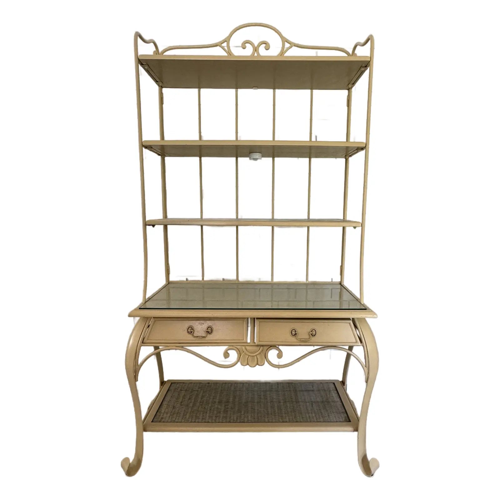Vintage 1970s Wrought Iron Bakers Rack with Woven Rattan Shelves
